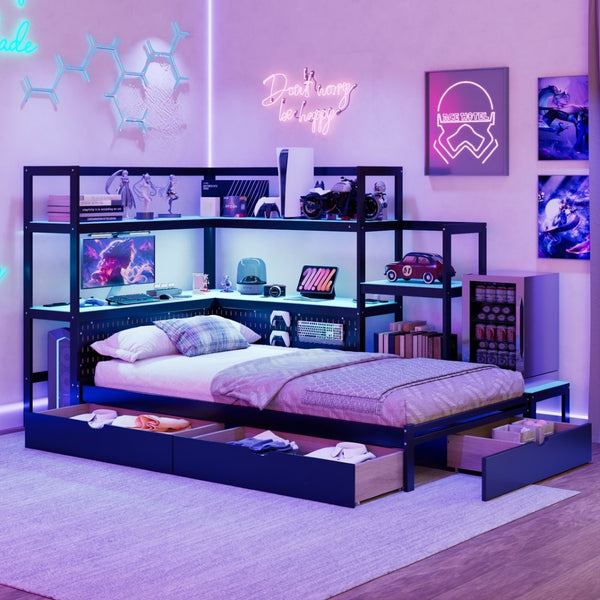 English Elm Twin Gaming Daybed with Led Strips Desk Pegboard Bookcase and Three Storage Drawers Black+Blue N820S00083C