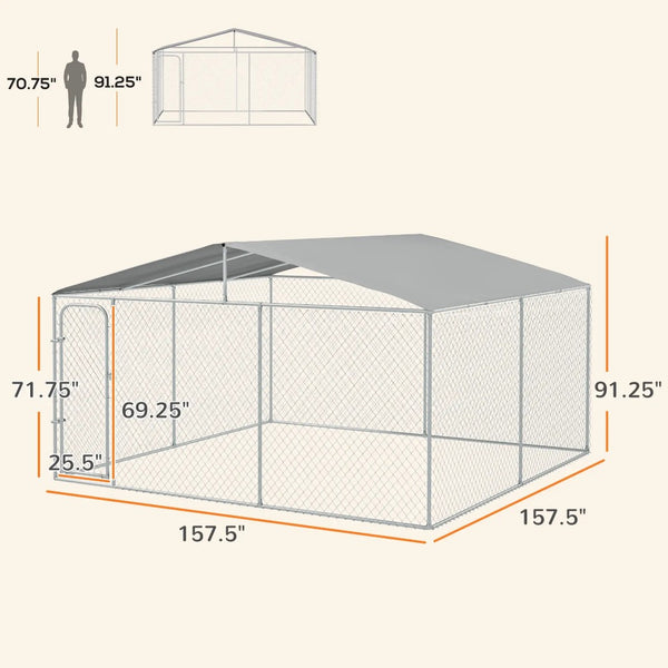 English Elm Steel Galvanized Chain Link Dog Kennel with Oxford Cloth Canopy for Large Breeds T3971S00065