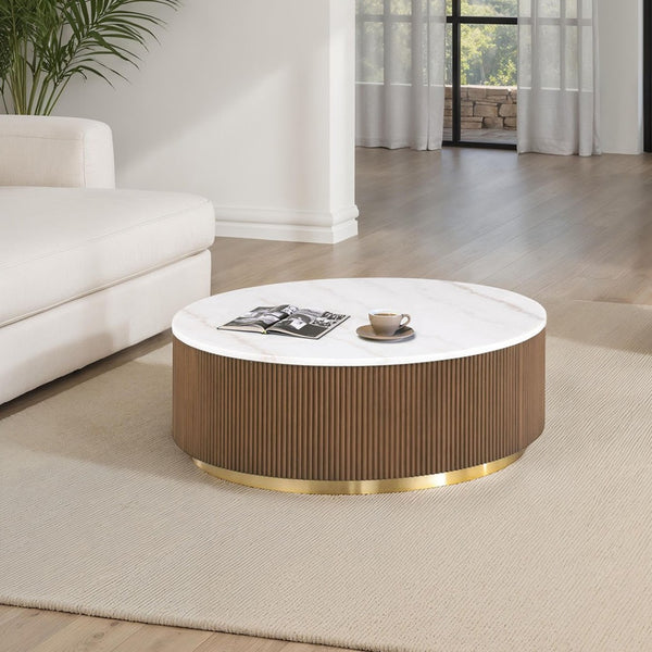 English Elm Brown Fluted Plinth Base Round Marble Top Cocktail Table with Gold Steel Accents B2741P476070