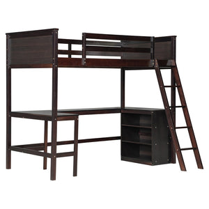 English Elm Twin Loft Bed with Built-in Desk and Open Shelves Solid Pine Kids Study Sleep Espresso LT001537AAP-1