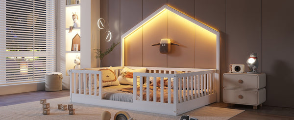 English Elm Twin Montessori Floor Bed House Frame with Led Lighting and Safety Rails for Kids White W2593P440604