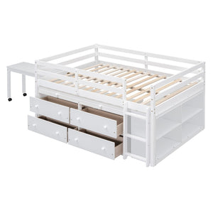 English Elm Full Size Kids Loft Bed Pinewood Frame Dual Study Desks Drawers and Open Shelving White LT000369AAK