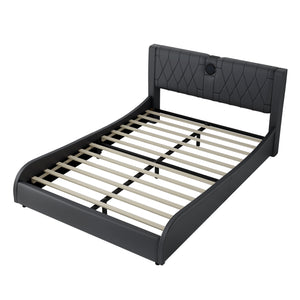 English Elm Queen Luxurious Faux Leather Platform Bed with Thick Headboard, Bluetooth Speakers & RGB Ambience Lights Black 62.6 L x 19.69 W x 12.99 H N701P241047B