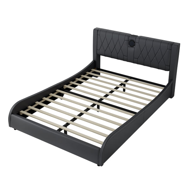 English Elm Queen Luxurious Faux Leather Platform Bed with Thick Headboard, Bluetooth Speakers & RGB Ambience Lights Black 62.6 L x 19.69 W x 12.99 H N701P241047B