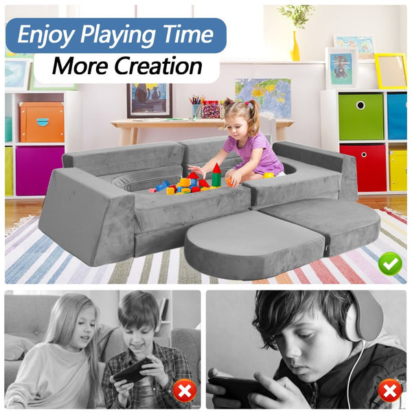English Elm 12 Piece Modular Foam Play Couch Set Velvet Convertible Sofa Fort for Kids Playroom Light Gray T5880P493410