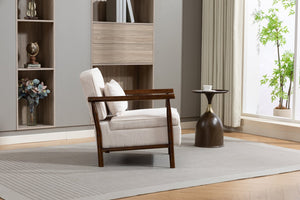 English Elm Storage Accent Chair Mid Century Wood Frame Upholstered Seat with Lumbar Cushion Antique White W2530P401445