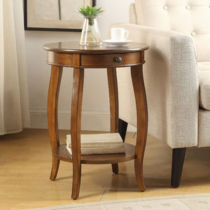 English Elm Round Retro Accent Table with Drawer and Open Shelf on Cabriole Legs for Stylish Living Spaces Walnut B016P310496