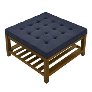 English Elm Upholstered Tufted Linen Square Ottoman Coffee Table with Solid Beech Shelf, 33.5" Large Seat Storage Navy Blue W2353P183873
