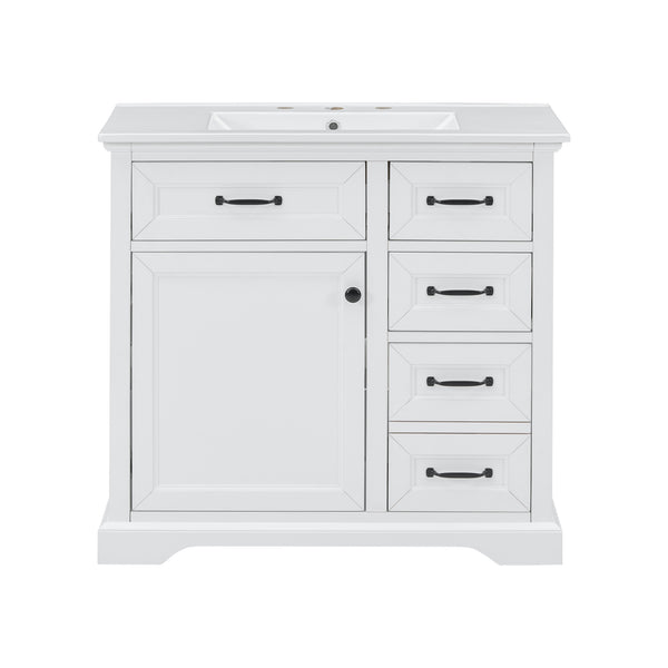 English Elm Christopher Knight Home® - 36" Bathroom Vanity with Ceramic Sink, Soft-Close Doors, 4 Drawers & Ample Storage, Freestanding White N759P223021K