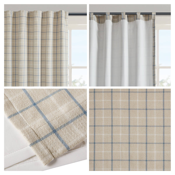 JLA Home Madison Park - Plaid Faux Leather Curtain Panel with Fleece Lining for Insulation, Privacy, Light‑Filtering Elegance linen blue MP40-8736