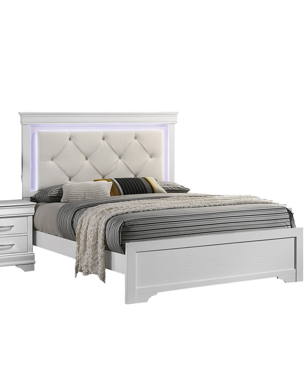 English Elm White Faux Leather Tufted Headboard Queen Bed with LED Lighting, Diamond Tuft Buttons, Luxurious Chic Retreat B011S01685