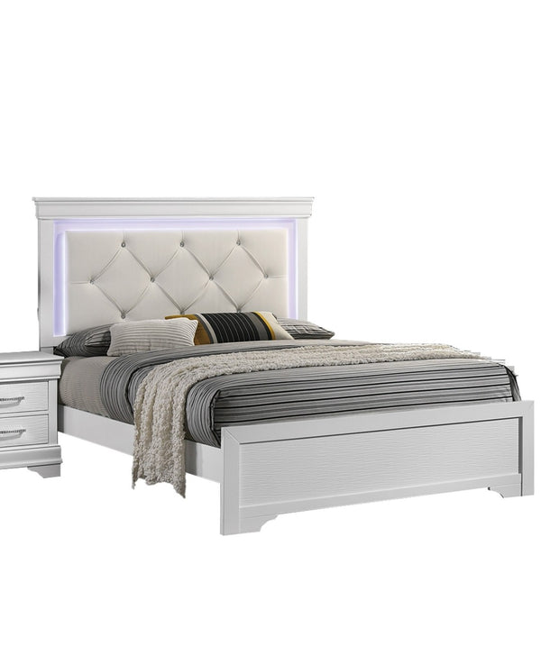 English Elm White Faux Leather Diamond Tufted Eastern King Bed with Led Accent Lighting Glam B011S02077