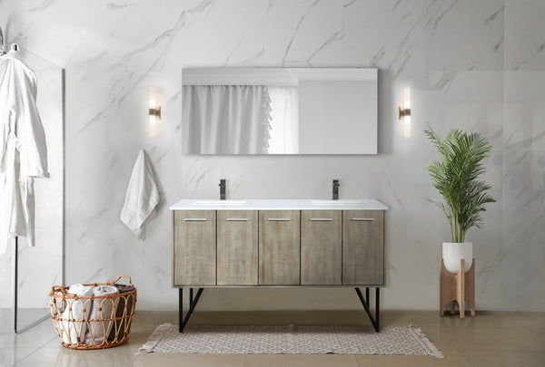English Elm Rustic Acacia Double Bath Vanity With White Quartz Top, Gun Metal Faucet & Large 55 In. Mirror B2731S01669-GIGA