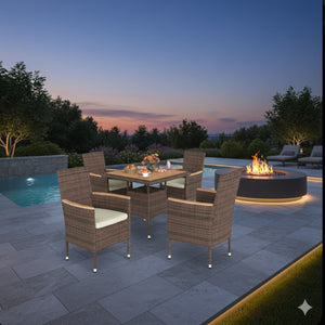 English Elm 5-piece Outdoor Dining Set Pe Rattan Armchairs with Acacia Wood Square Table Brown B082S00066