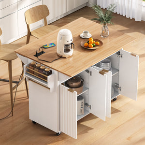 English Elm K&k Fluted Rolling Kitchen Island Faux Marble Top Power Outlet Storage Drawers White N707P353934W