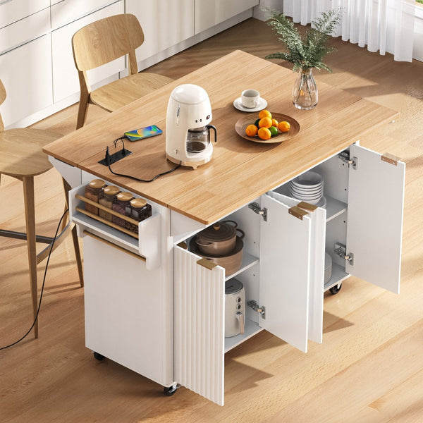 English Elm K&k Fluted Rolling Kitchen Island Faux Marble Top Power Outlet Storage Drawers White N707P353934W