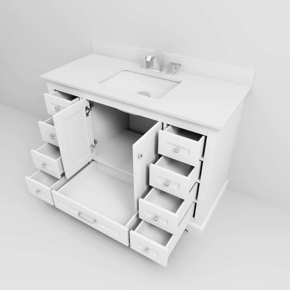 English Elm White Single Bath Vanity 48 in. W x 22 in. D with White Quartz Top, Soft-Close Storage, Chrome Faucet Set B2731P258346