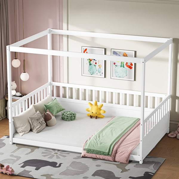 English Elm Full Canopy Bed Frame with Guardrails for Kids Full Size Pine Wood Montessori Floor Bed Cozy Canopy White W1858P252840