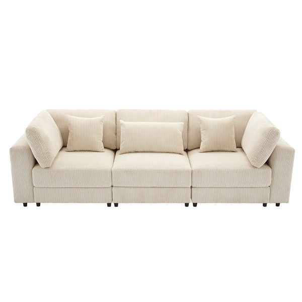 English Elm [ U_STYLE 105'' 3 Seater Sofa with Corduroy Fabric, Removable Back Cushions, Foam+Pocket Spring Comfort Beige WY000403AAA