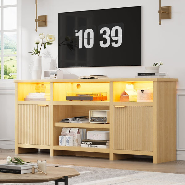 English Elm Highboy Media Console with Led Lighting Fluted Panels and Storage for Living Room T3773P416497