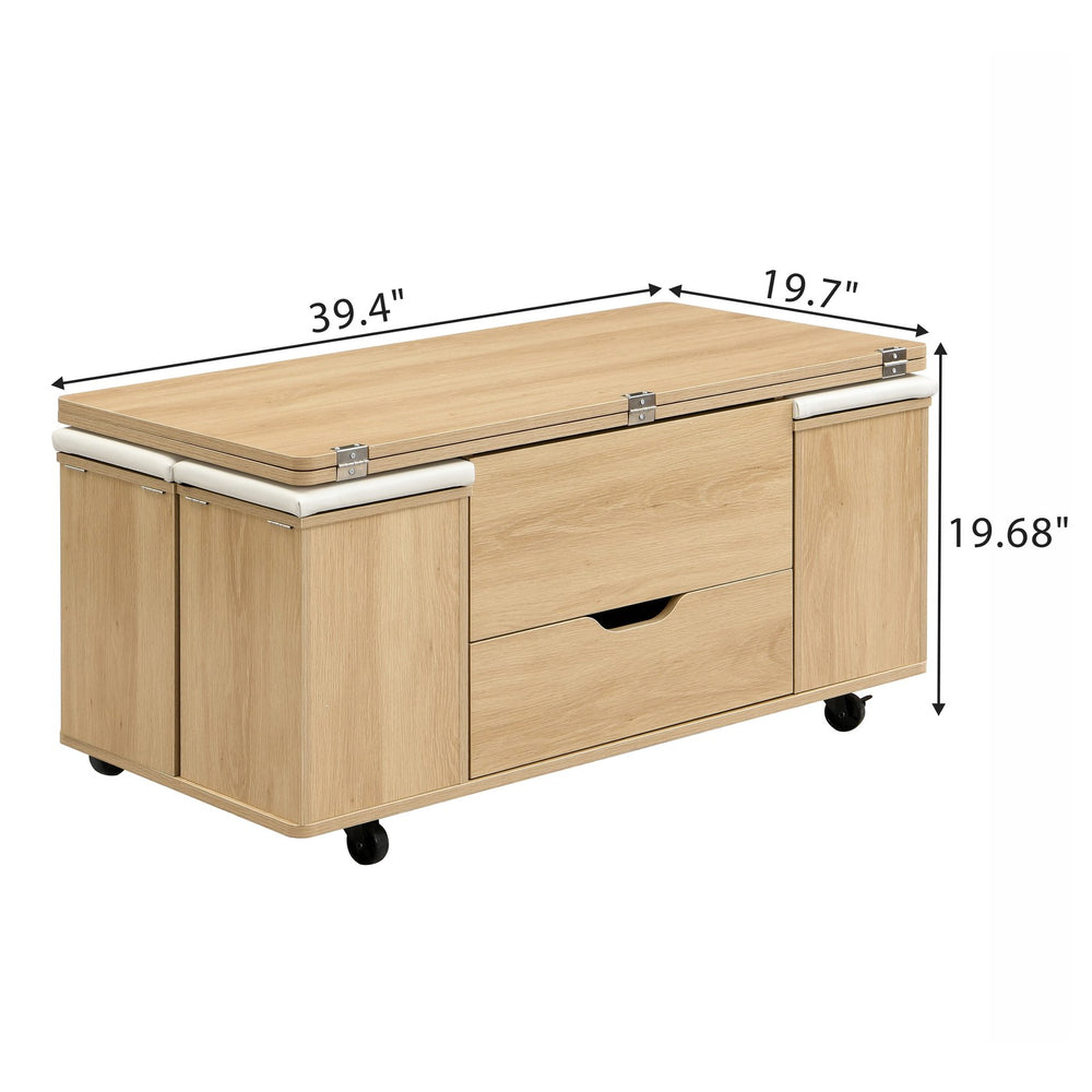 English Elm Christopher Knight Home® - Multi-Functional Lift-Top Coffee Table with Hidden Storage, 4 Stools, Lockable Casters & Desk Space Natural+White N770P309783N