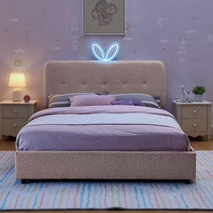 English Elm Full Size Kids Storage Bed Boucle Upholstered Rabbit Ear Headboard with Led Lighting Pink W1413P384923