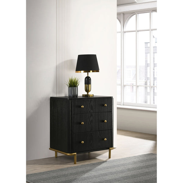 English Elm Anser Black 3-Drawer Nightstand with Wire-Brushed Finish, Gold Legs & Ball Knobs — Elegant Storage Solution B062P299882
