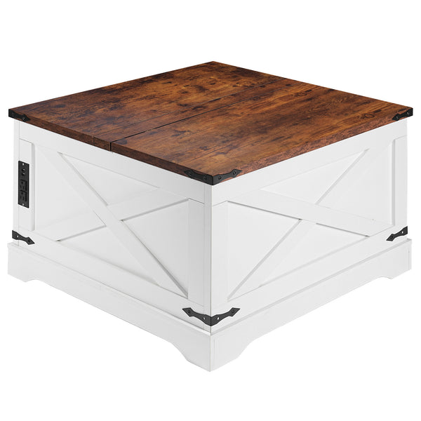 English Elm Coffee Lift-Top Table with USB & Outlets, Square Wood Center Table with Hidden Storage, Vintage White W2896P215179