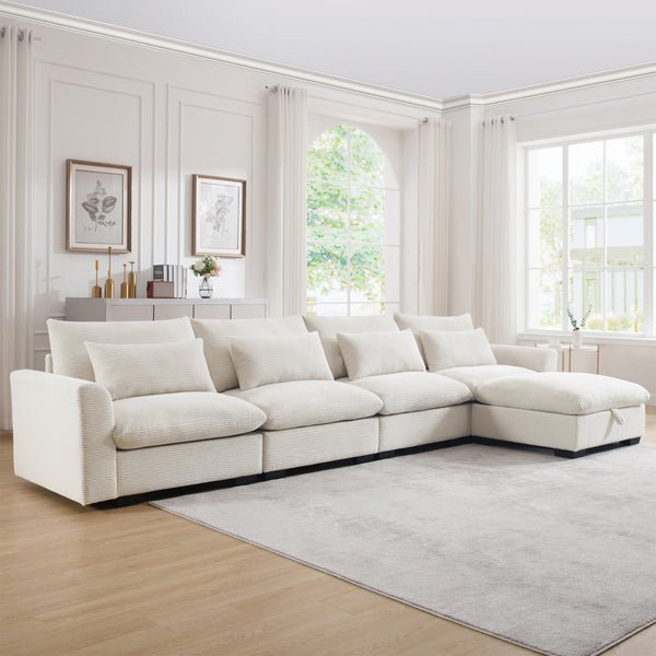English Elm Large L Shape Sectional Corduroy Sofa with Deep Seats, Storage Ottoman, Ergonomic Support, Modular Comfort for Living Room Beige W714S00643