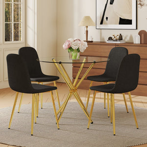 English Elm 4-Piece Modern Luxe Dining Set: 36.6'' Round Glass Table & Black-Gold Chairs For Stylish Spaces W1151S03682