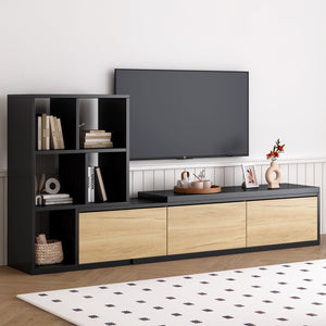 English Elm ON-TREND Extendable TV Stand 74.8"-126" with 3-Tier Shelves, Sliding Tabletop & Cabinets for Organized Living Room Black WF531669AAB
