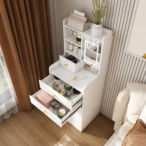 English Elm 3-in-1 Dressing Table with LED Mirror, Storage Stool & 4 Drawers – Compact White Vanity, MDF Organizer W2700P297923