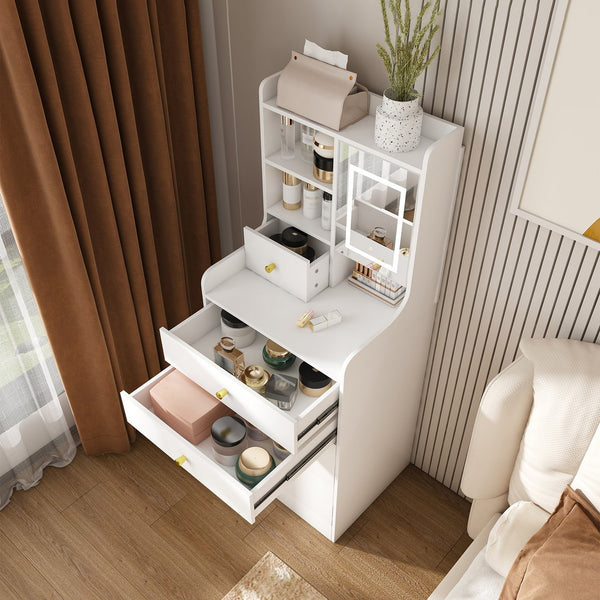 English Elm 3-in-1 Dressing Table with LED Mirror, Storage Stool & 4 Drawers – Compact White Vanity, MDF Organizer W2700P297923