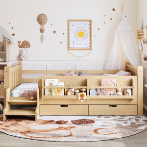 English Elm Twin Pine Floor Bed with Guardrails Built-in Bookcases and Stair Steps for Kids Light Natural W1580P430201