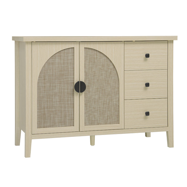 English Elm Rattan 2 Door 3 Drawer Cabinet with Adjustable Shelves, Anti-Slip Mats & Smooth Slide Rails W688P223037
