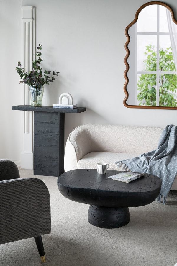 English Elm 35.5x14x35.5" Square Coffee Table with Geometric Pedestal Base, Modern Organic Design Accent Black W2078S00017