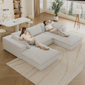 English Elm 118.2" Modular Cloud Sofa Corduroy Upholstered Deep Seat Lounge for Living Room White W2824S00160