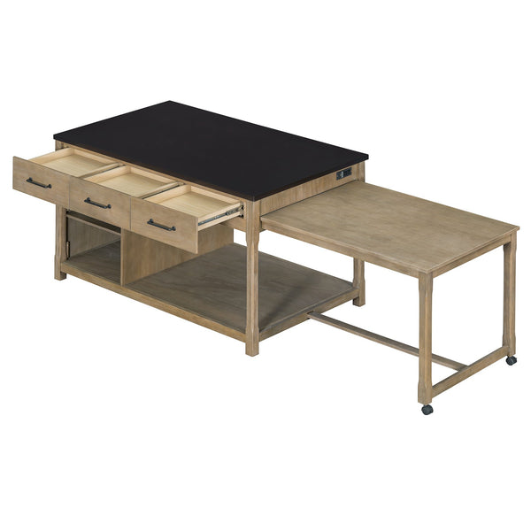 English Elm TREXM Expandable Kitchen Island with Hidden Pull-Out Extension, Built-In Outlets, Retro Storage Wheels Natural+Espresso XW000023AAP