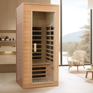 English Elm Hemlock Single Infrared Sauna with Roof Heaters Tempered Glass Door and Led Light W632S00011