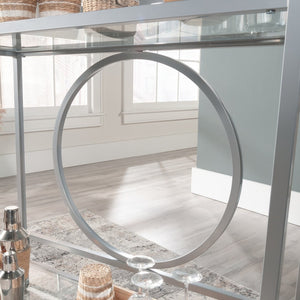 English Elm Contemporary Rolling Bar Cart with Tempered Glass Shelves and Gray Metal Frame B356P367947