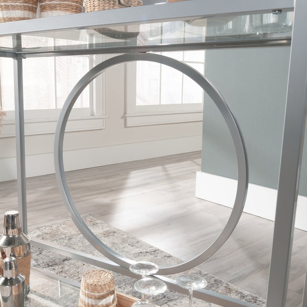 English Elm Contemporary Rolling Bar Cart with Tempered Glass Shelves and Gray Metal Frame B356P367947