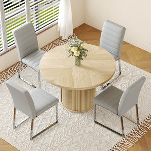English Elm 4piece Round Dining Set with Fluted Pedestal Table Pu Chairs and Built-in Shelf W2920S00077