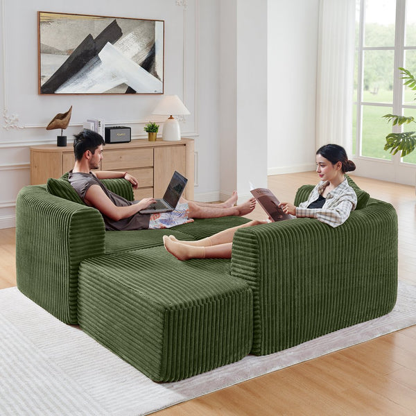 English Elm 114" Cloud Sectional Couch with L-Shape Chaise Modular Corduroy Sofa with Movable Ottoman, No Assembly Required, Plush Comfort for Living Spaces Green W1117P371655