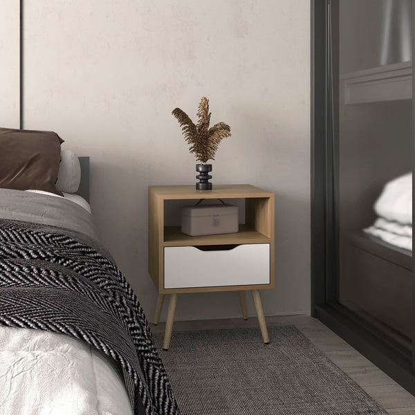 English Elm Wenden 21" High Nightstand with Drawer & Open Shelf, Two-Tone Natural Oak & White, Compact Chic B200P335299