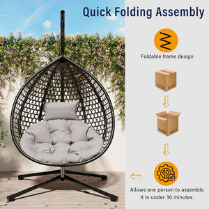 English Elm U_STYLE Sturdy Hammock Chair with HDPE Rattan Weave, Rust-Resistant Chain, Soft Removable Cushion Black+ Gray N711P255131D
