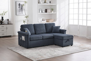English Elm UNITED Corduroy L-Shaped Sectional Sofa with Storage Ottoman, USB Ports, Cup Holders & LED Lighting Navy W1568P332406
