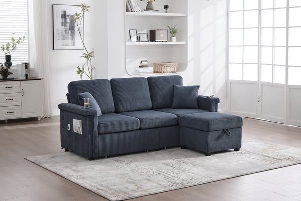 English Elm UNITED Corduroy L-Shaped Sectional Sofa with Storage Ottoman, USB Ports, Cup Holders & LED Lighting Navy W1568P332406
