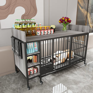 English Elm Large Iron Mdf Pet Enclosure with Storage Cabinet Rolling Casters and Steel Feeding Basins W3064P245385
