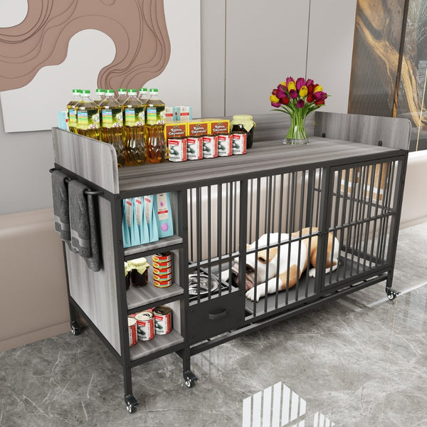 English Elm Large Iron Mdf Pet Enclosure with Storage Cabinet Rolling Casters and Steel Feeding Basins W3064P245385