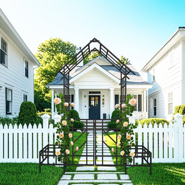 English Elm Metal Garden Arch Gate with Planters Powder Coated Steel Climbing Rose Trellis Outdoor W1586P278425